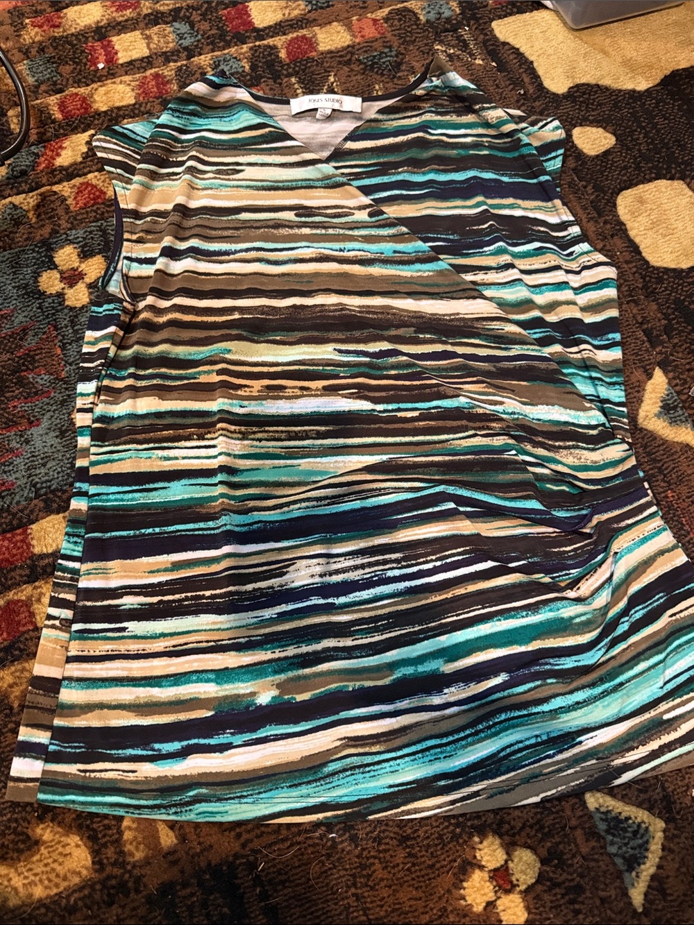 Jones Studio Striped Wrap Shirt in Teal, Black & Cream